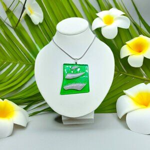 Textured abstract pendant necklace Bold artisan handcrafted pink green jewelry